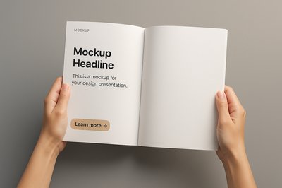 Elegant Magazine Mockup with Hands on Gray Background