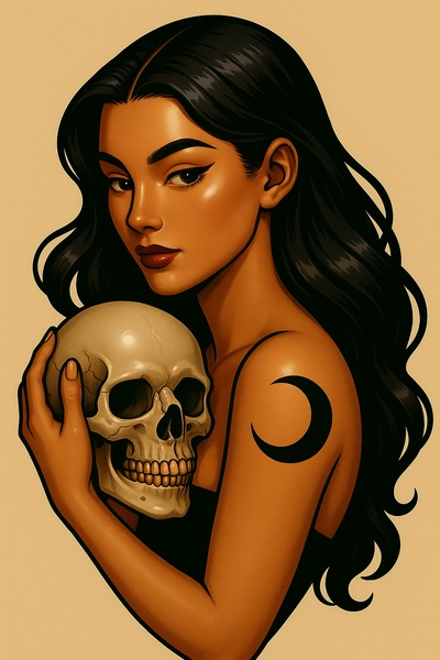 Stylized Woman with Skull and Moon Tattoo