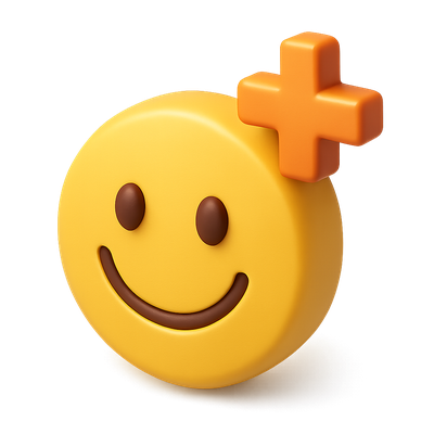 3D Smiling Face Icon with Plus Sign in Isometric View