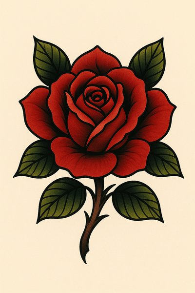 Vibrant Red Rose Illustration with Leaves