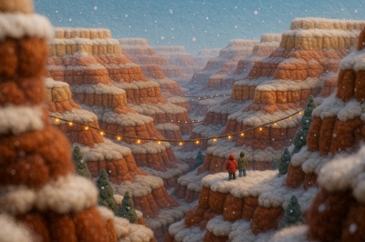 Festive Knit Canyon Scene with Holiday Atmosphere