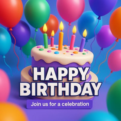 Colorful Birthday Celebration Graphic with Cake and Balloons