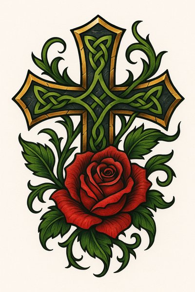 Elegant Tattoo Design Featuring a Cross and Rose