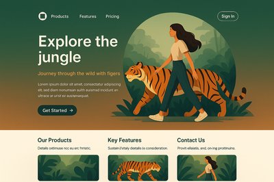 Landing Page with Girl and Tiger in Jungle Theme