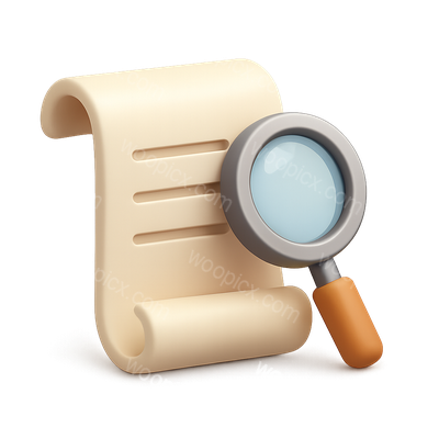 3D Document with Magnifying Glass Icon for Exploration