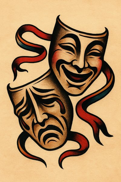 Colorful Theatrical Masks Tattoo Design on Beige Background