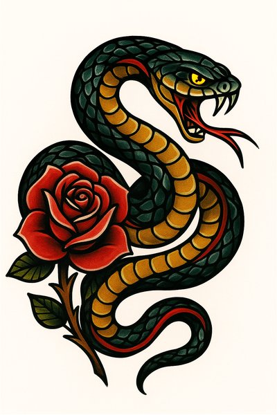 Bold snake and rose tattoo illustration