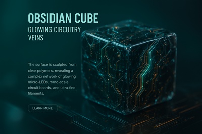 Hyperrealistic Obsidian Cube with Glowing Circuitry Details