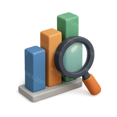3D Bar Chart Icon with Magnifying Glass in Isometric View