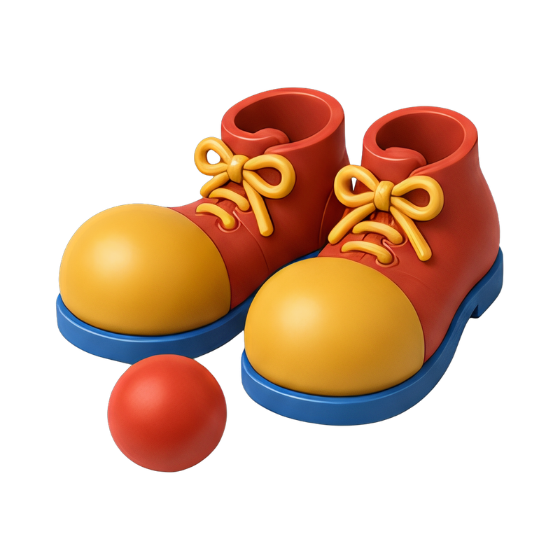 colorful clown shoes and nose