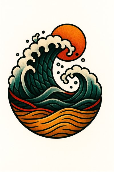 Stylized Ocean Wave and Sun Graphic Artwork