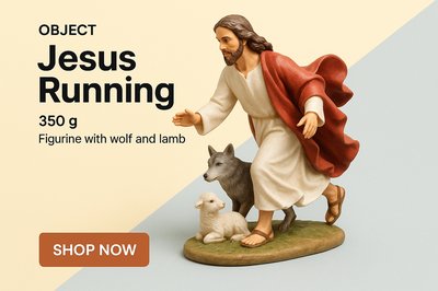 Modern Figurine Advertisement Featuring Jesus with Wolf and Lamb