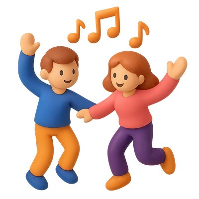 Playful Dancing Duo in 3D Style with Music Notes