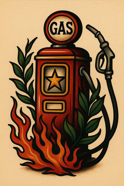 Vintage Gas Pump Illustration with Flames and Leaves