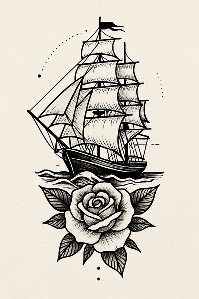 Stylized Tattoo Design Featuring a Ship and Rose