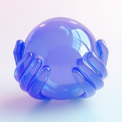 Translucent Blue Sphere Held by Stylized Hands