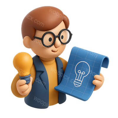 3D Inventor Icon with Blueprint and Lightbulb