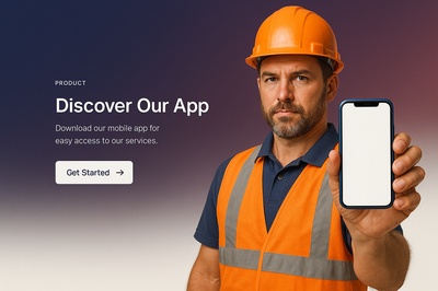 Builder in Helmet Holding Blue Phone with App Promotion