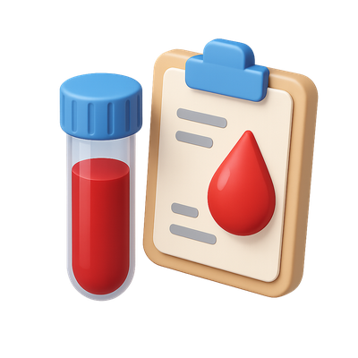Stylized 3D Blood Test Icon with Test Tube and Clipboard