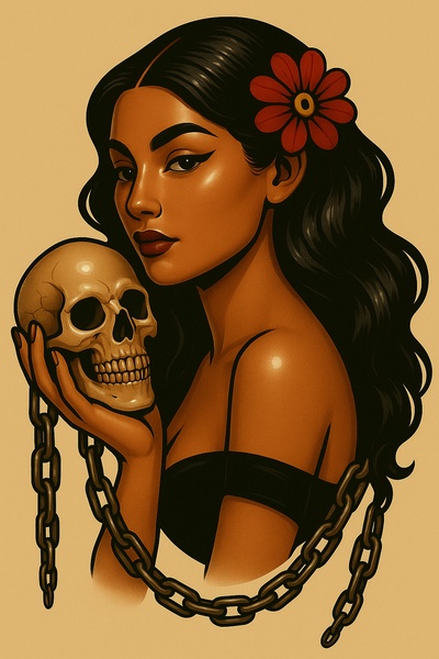 Artistic Depiction of a Woman with Skull and Chains