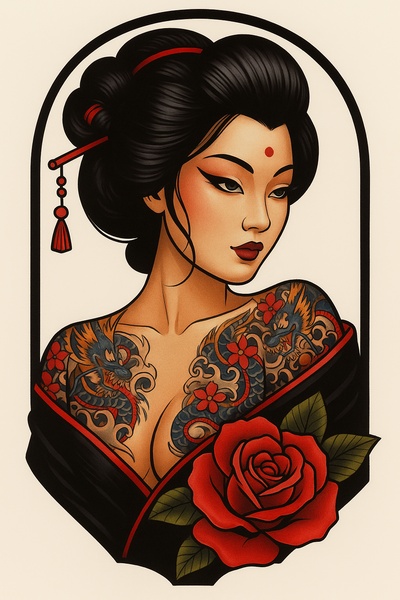 Tattooed Geisha in Kimono with Rose Design