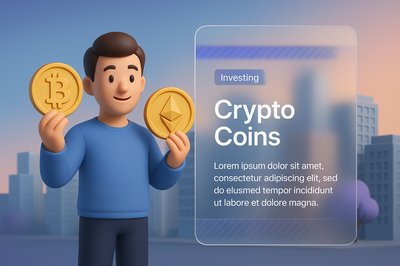 Man Holding Crypto Coins in Cityscape with Informative Block