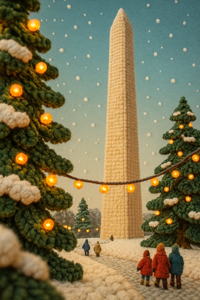 Winter Washington Monument Crafted from Yarn in 3D Scene