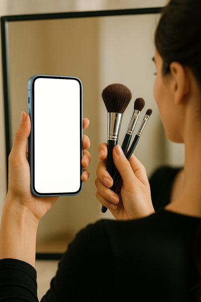 Makeup Artist Holding Phone and Brushes in Dynamic Shot
