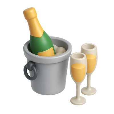 Stylized 3D Champagne Icon in a Bucket with Glasses