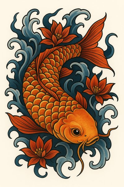 Illustrative Koi Fish Design with Floral Elements
