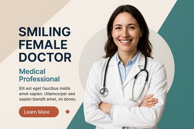 Smiling Female Doctor Portrait with Professional Design Elements