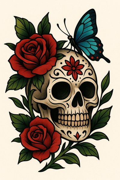 Colorful Skull Illustration with Roses and Butterfly