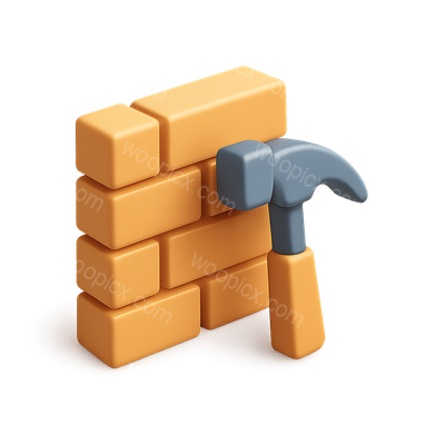 Stylized 3D Icon of Hammer and Brick Wall