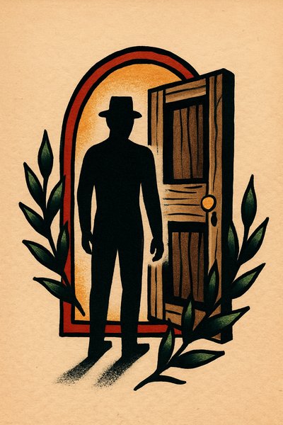 Stylized Silhouette with Door and Tattoo Elements