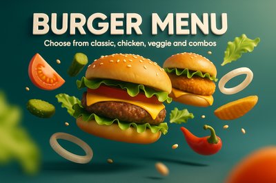 Dynamic 3D Burger Menu Illustration Featuring Classic and Veggie Options