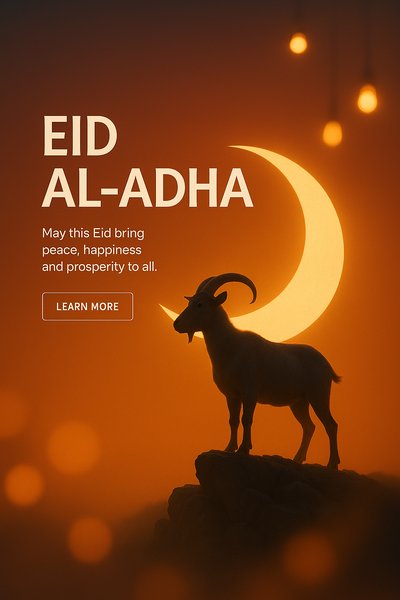 Eid Al-Adha Celebration Graphic Featuring a Goat and Moon