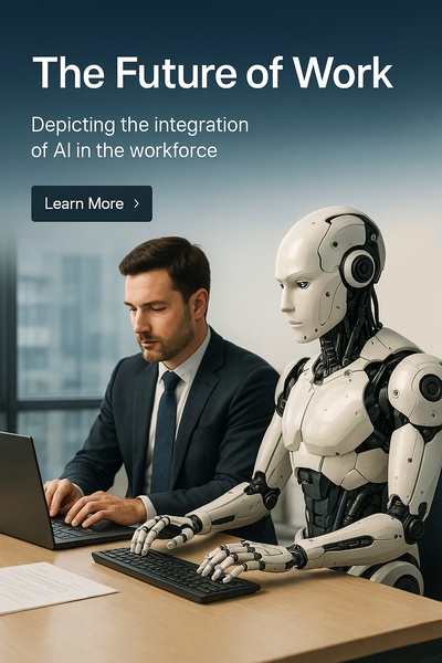 Businessman Collaborating with AI Cyborg in Modern Office