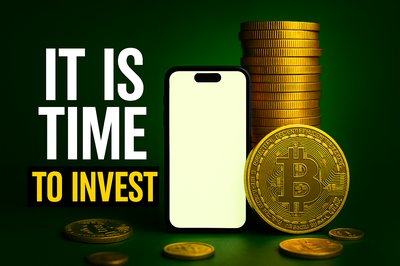 Investment Promotion Graphic Featuring Cryptocurrency and Mobile Device