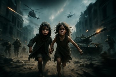 Desolate Cityscape with Children Amidst Ongoing Conflict
