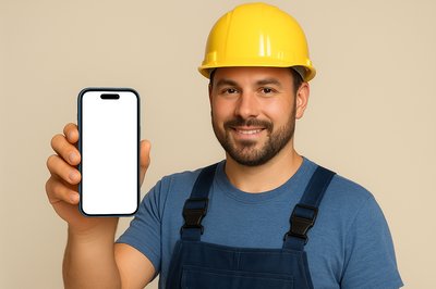 Builder Holding a Phone with a Yellow Hard Hat