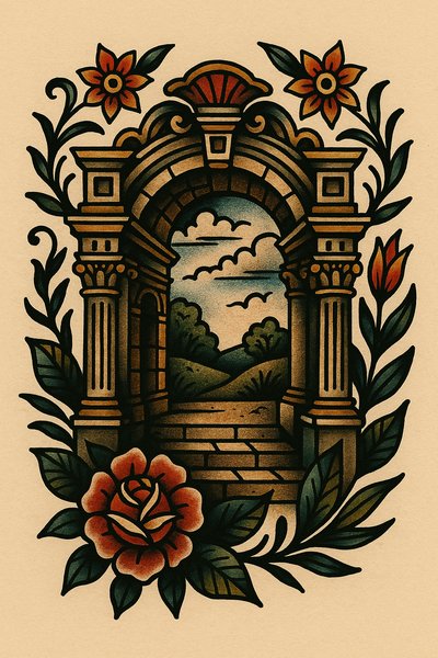 Intricate floral archway illustration with scenic background