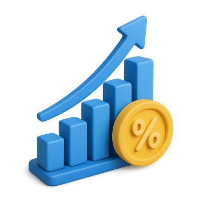 3D Icon Representing Compound Interest Growth with Graph and Percentage Sign