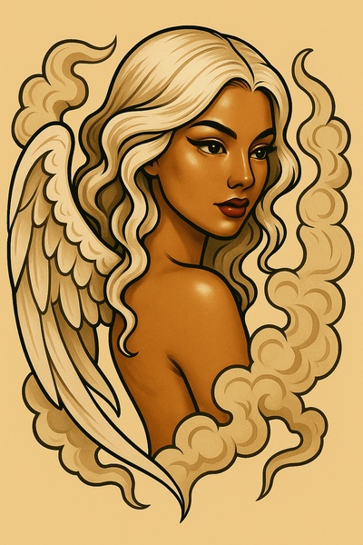 Stylized Angelic Figure with Smoky Wings