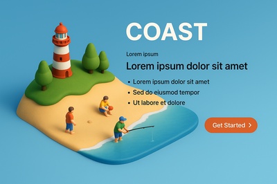 Vibrant Coastal Scene with 3D Elements and Text Overlay