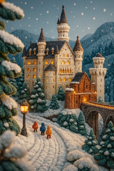 Knitted Neuschwanstein Castle in Winter Scene