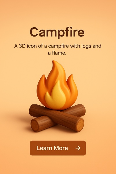 Realistic 3D Campfire Icon with Logs and Flame