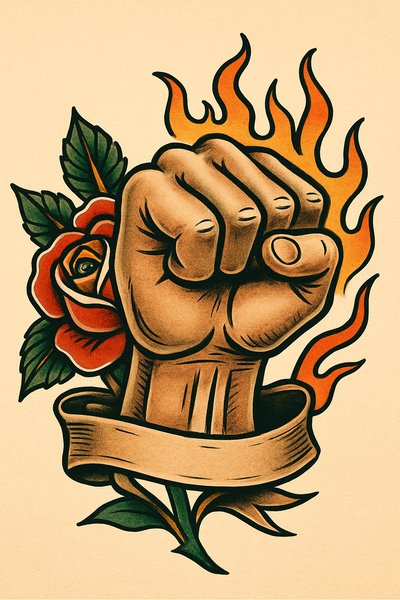 Stylized fist with rose and flames tattoo design