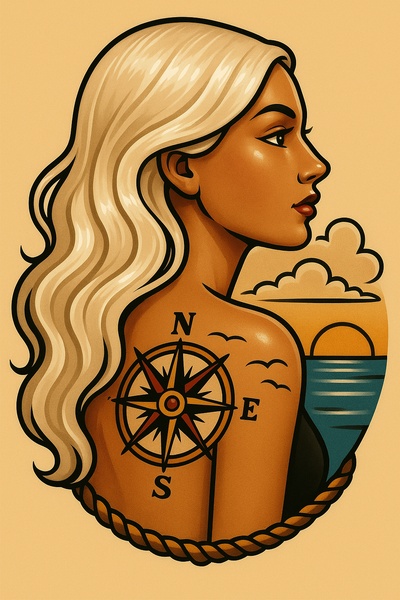 Stylized Compass Tattoo on Woman with White Hair