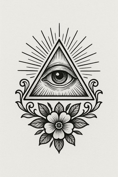 Intricate Eye within Triangle Illustration with Floral Elements