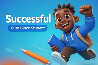 Cute Black Student Achieving Success in Dynamic 3D Illustration